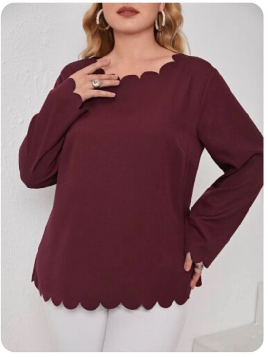 Emery Rose Tops - Fall fashion Plus Size Scallop Neckline Lightweight Blouse